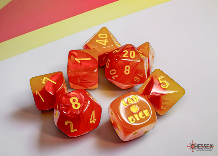 Chessex Lab Dice 8 Gemini Gellow-Red/yellow Polyhedral Luminary 7-Dice Set (with bonus die) | Odin's Place