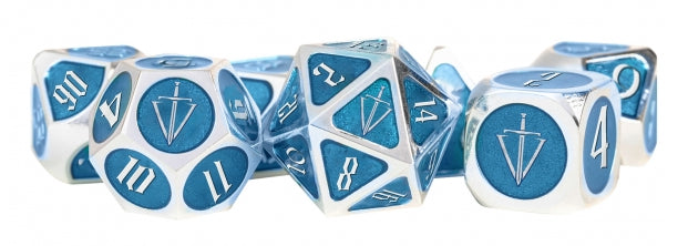Tales of the Valiant RPG: Metal Dice Set: Silver w/ Light Blue Enamel (7) | Odin's Place