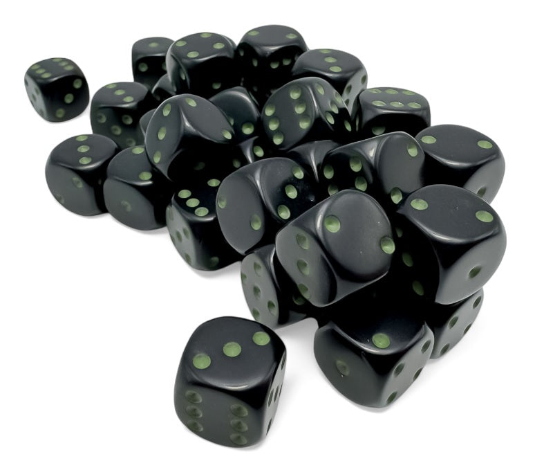 Opaque: 12mm d6 Black/green Dice Block (36 dice) | Odin's Place