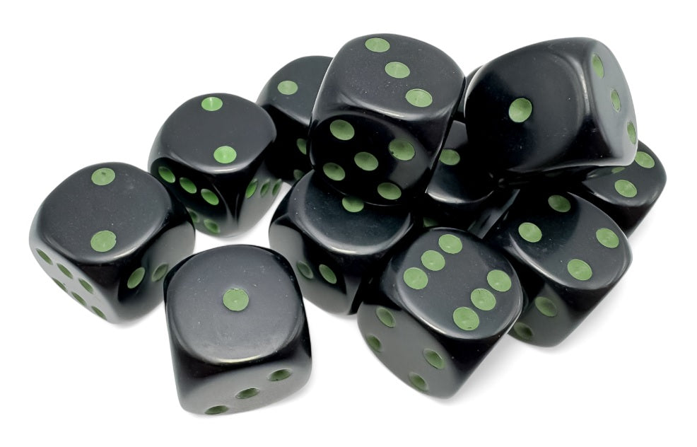 Opaque: 16mm d6 Black/green Dice Block (12 dice) | Odin's Place