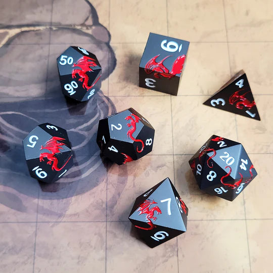 Forged Gaming Dragons Flight Matte Gun Metal Red Metal RPG Dice Set of 7 | Odin's Place