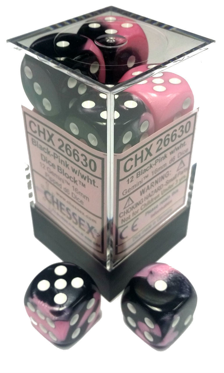 Chessex Gemini 2: 16mm D6 Black with Pink and White (12) | Odin's Place