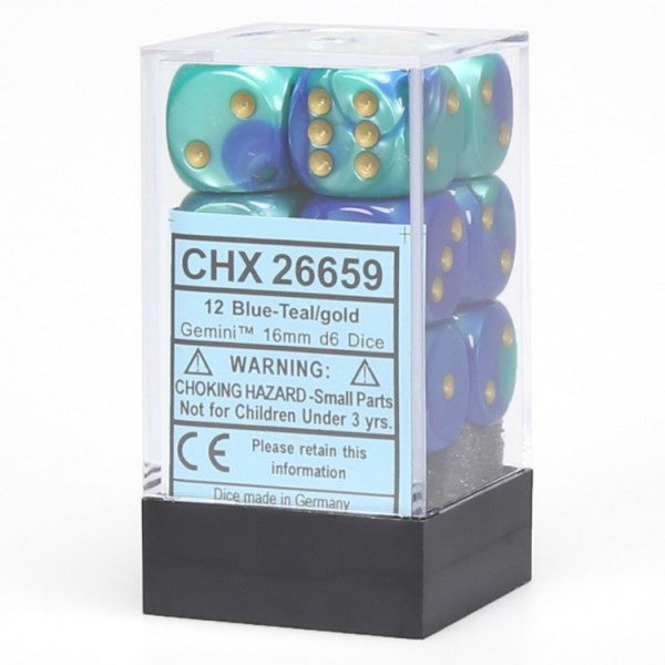 Chessex 26659 Gemini: 16mm D6 Block Blue and Teal with Gold | Odin's Place
