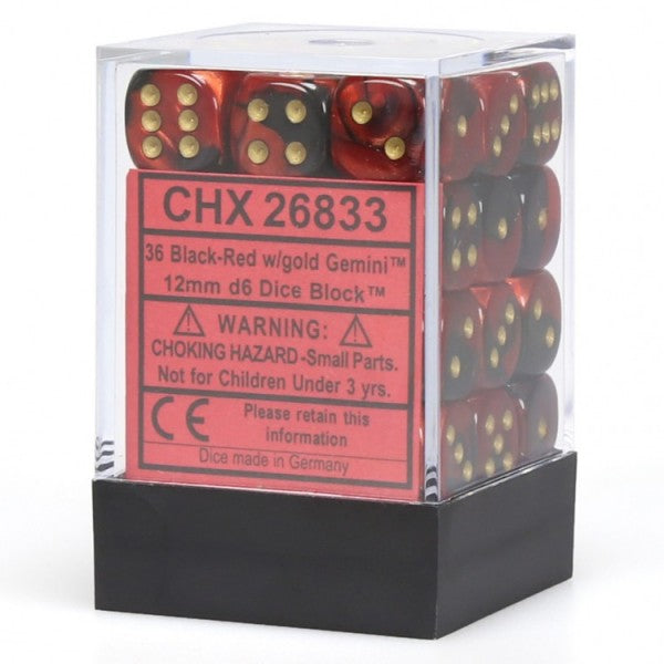 Chessex 26833 Gemini: 12mm D6 Block Black and Red with Gold and Black | Odin's Place