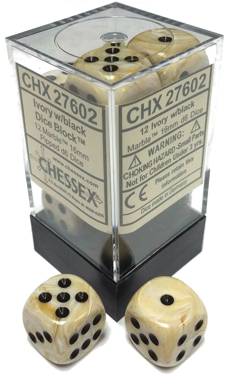 Chessex 27602 Marble 16mm D6 Ivory/Black (12) | Odin's Place