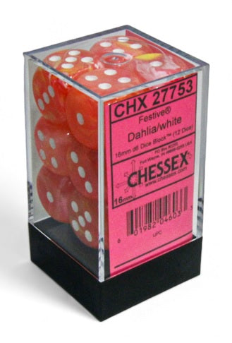 Chessex 27753 Festive: 16mm d6 Dahlia/white Luminary Dice Block (12 dice) | Odin's Place