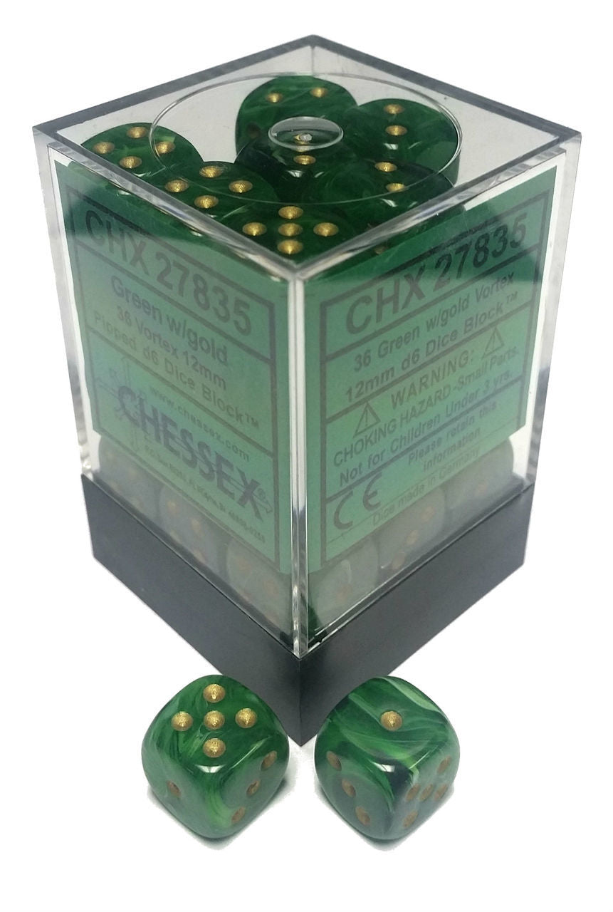 Chessex Vortex: 12mm D6 Green/Gold/Black 36 ct | Odin's Place
