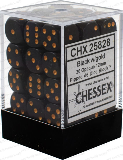 Chessex Opaque 12mm D6 Black with Gold 36 ct | Odin's Place
