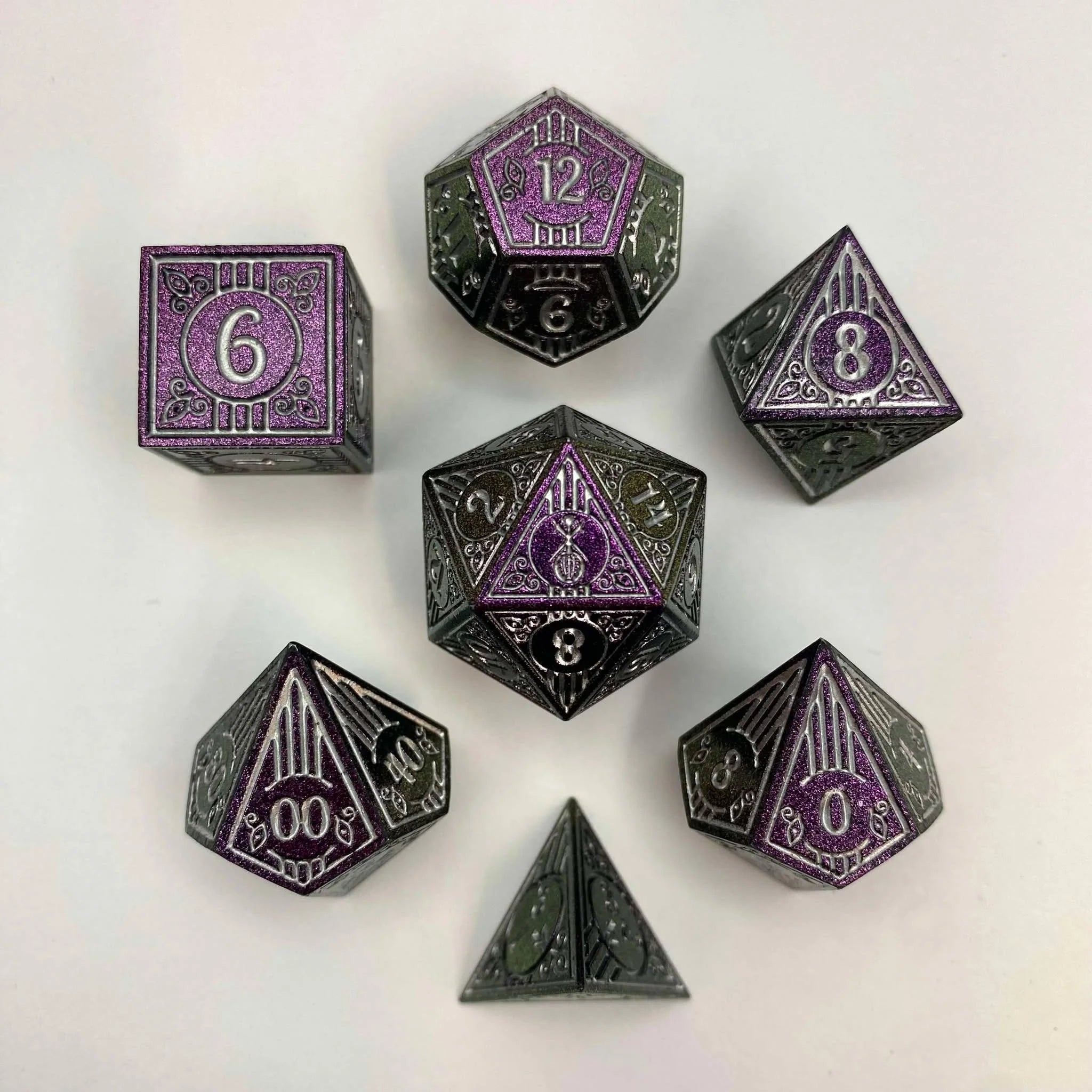 HYMGHO - Solid Metal Bard RPG Dice Set - Glitter Purple w/Silver | Odin's Place