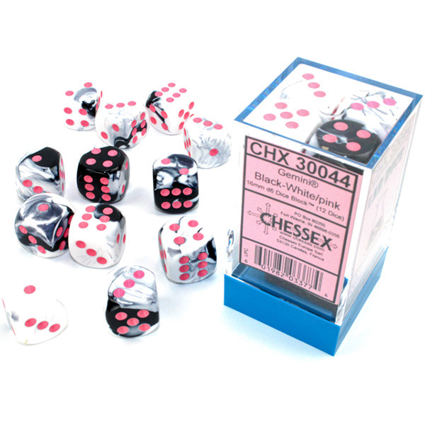 Chessex Gemini Black and White with Pink 16mm D6 Dice Set | Odin's Place