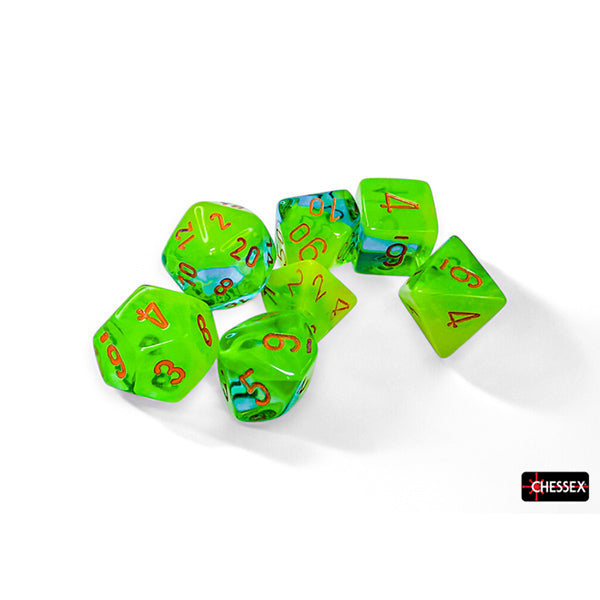Chessex 26470 Poly 7 Gemini: Plasma Green and Teal with Orange | Odin's Place