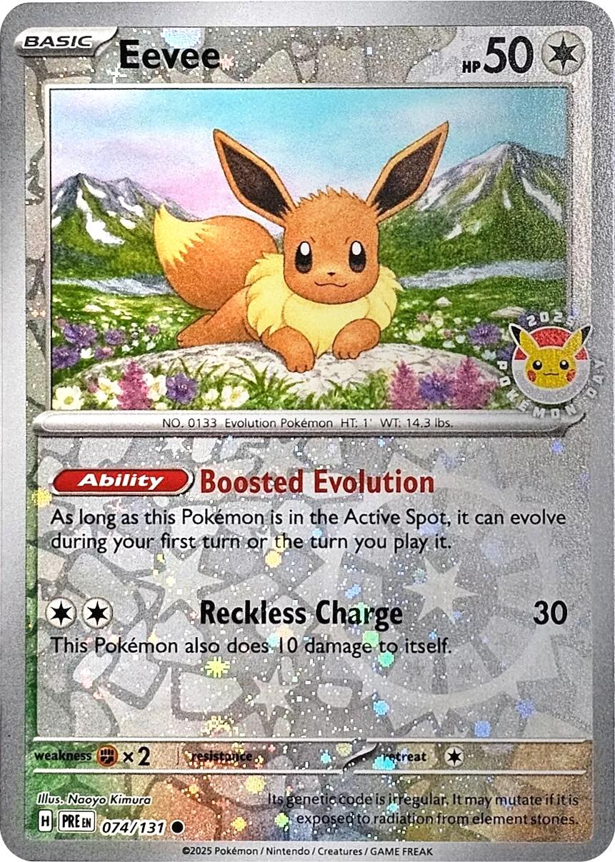 Eevee (074/131) (Pokemon Day 2025) (Reverse Cosmos Holo) [Scarlet & Violet: Prismatic Evolutions] | Odin's Place