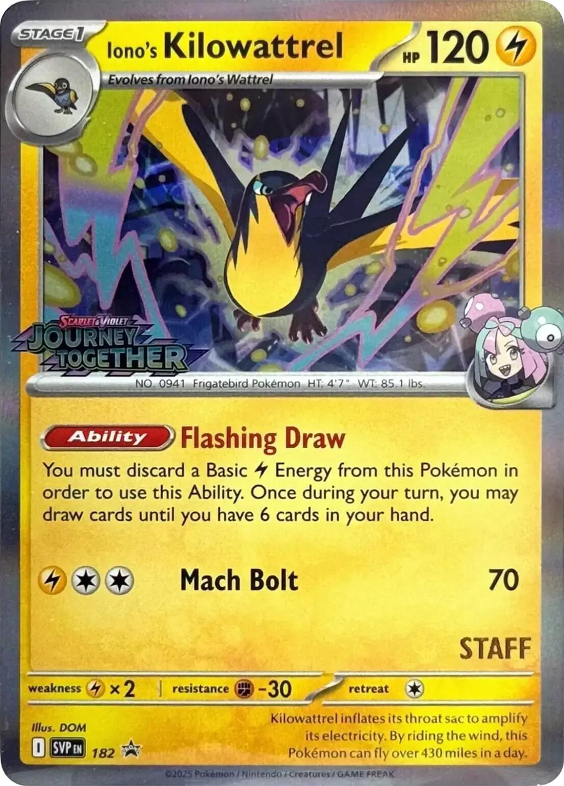 Iono's Kilowattrel (182) (Prerelease Staff) [Scarlet & Violet: Black Star Promos] | Odin's Place