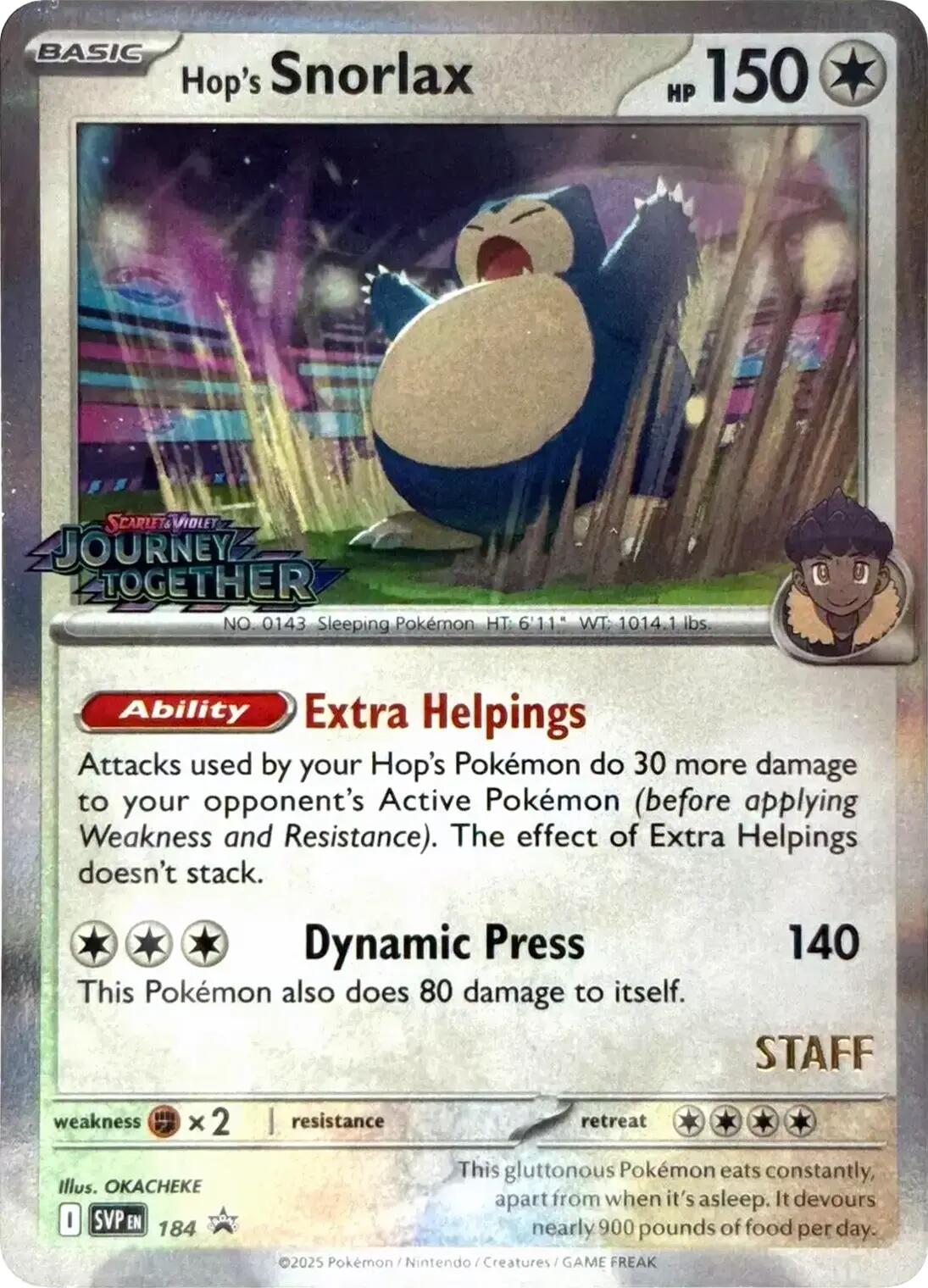 Hop's Snorlax (184) (Prerelease Staff) [Scarlet & Violet: Black Star Promos] | Odin's Place