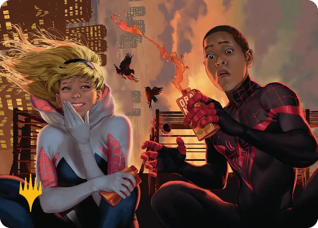 Heroes' Hangout Art Card (Gold-Stamped Planeswalker Symbol) [Marvel's Spider-Man Art Series] | Odin's Place