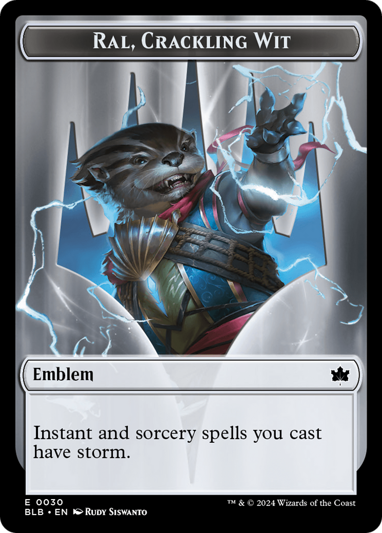Emblem - Ral, Crackling Wit // Bushy Bodyguard Double-Sided Token [Bloomburrow Tokens] | Odin's Place