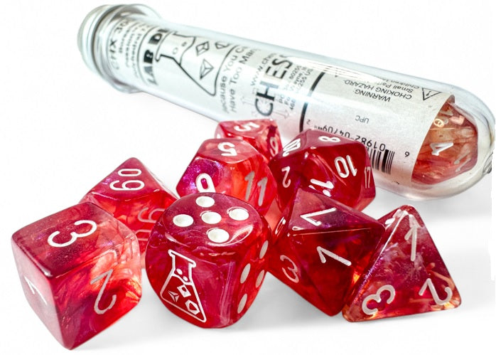 Chessex Lab Dice 9: Borealis Passion/white Luminary Polyhedral 7-Die Set (with bonus die) | Odin's Place