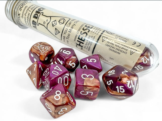 Chessex Lab Dice 9: Gemini Copper-Purple/white Polyhedral 7-Die Set (with bonus die) | Odin's Place