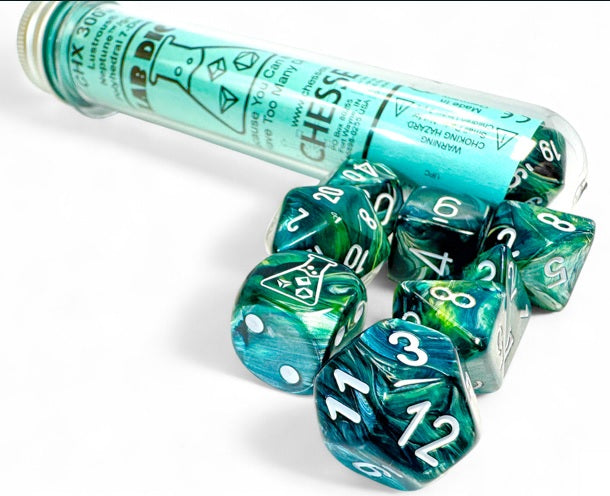 Chessex Lab Dice 9: Lustrous Neptune/grey Polyhedral 7-Die Set (with bonus die) | Odin's Place