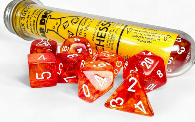 Chessex Lab Dice 9: Nebula Molten/white Polyhedral 7-Die Set (with bonus die) | Odin's Place