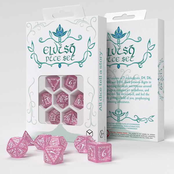 Q Workshop Elvish Poly 7 Dice Set Shimmering Pink and White | Odin's Place