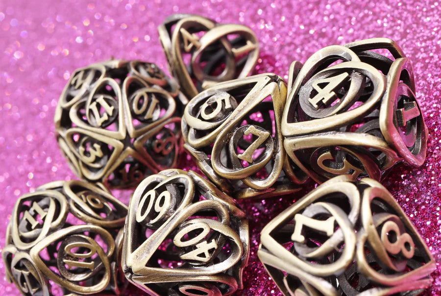 Foam Brain Hollow Hearts - Antique Bronze Hollow Metal RPG Dice Set | Odin's Place