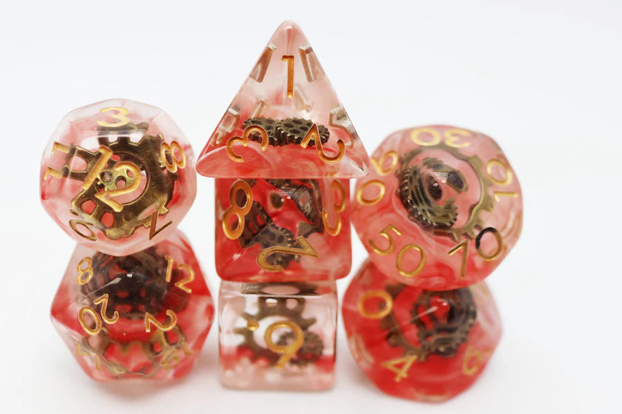 Foam Brain Red Swirl Ancient Gear Poly 7 Dice Set | Odin's Place