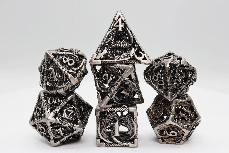Foam Brain Bound Dragon: Silver Hollow Metal RPG Dice Set | Odin's Place