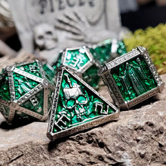 Forged Gaming Cryptic Reliquary Silver Green Metal Poly 7 Dice Set | Odin's Place