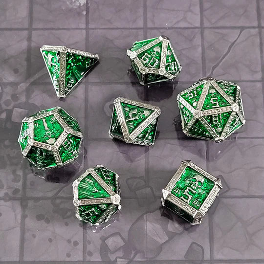 Forged Gaming Cryptic Reliquary Silver Green Metal Poly 7 Dice Set | Odin's Place