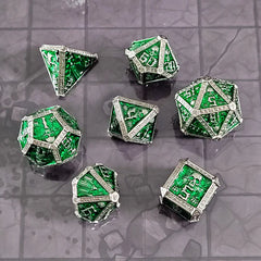 Forged Gaming Cryptic Reliquary Silver Green Metal Poly 7 Dice Set | Odin's Place
