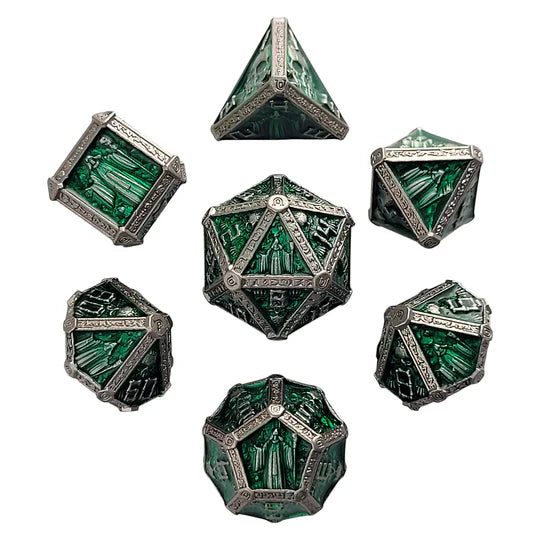 Forged Gaming Cryptic Reliquary Silver Green Metal Poly 7 Dice Set | Odin's Place