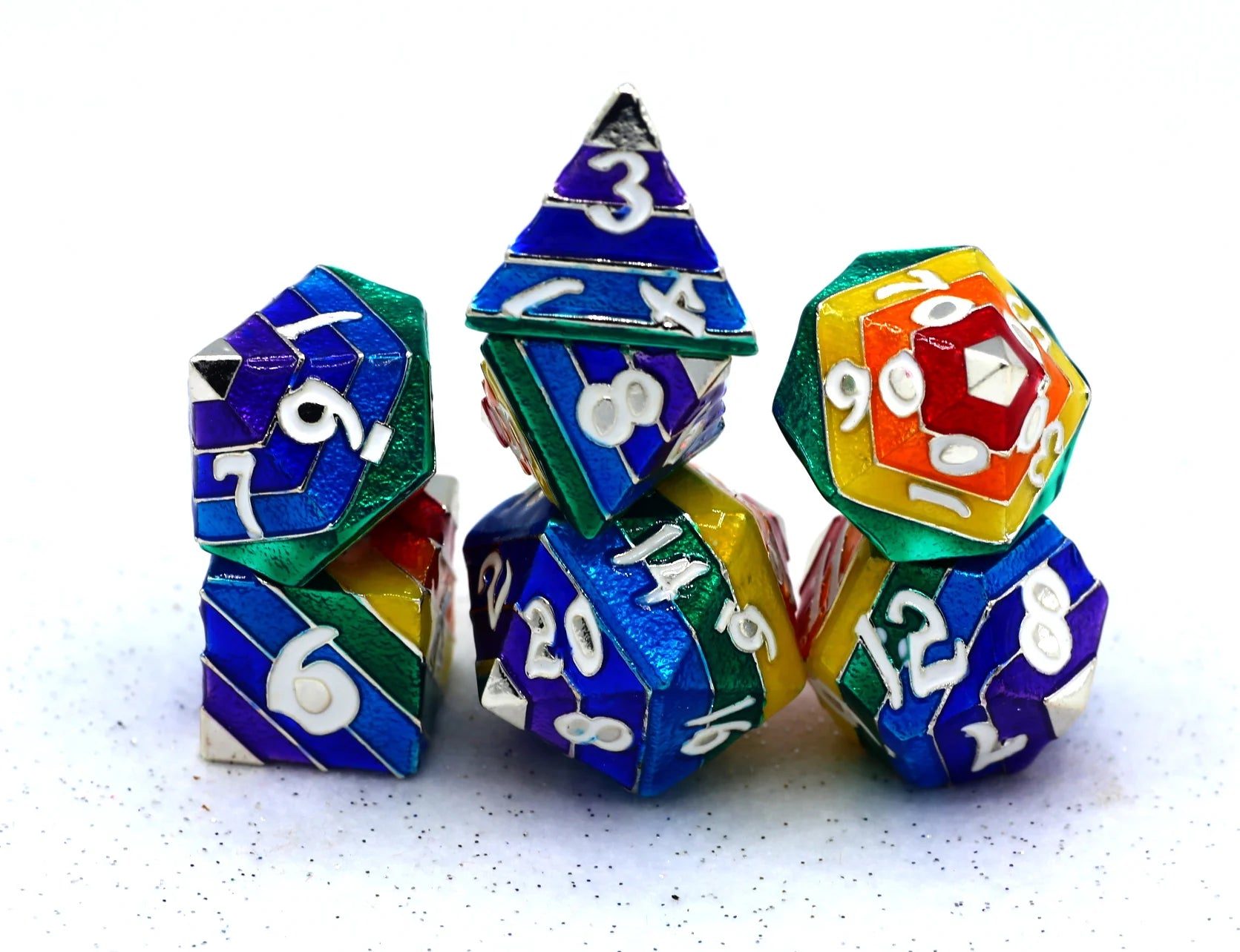 HYMGHO - Solid Metal Rainbow Pride Dice Set - Silver with White Lettering | Odin's Place