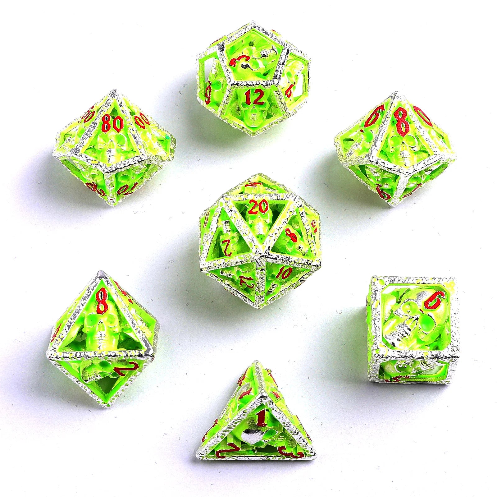 HYMGHO - Skull's Grin Hollow Metal Dice Set - Glow in the Dark - Green | Odin's Place