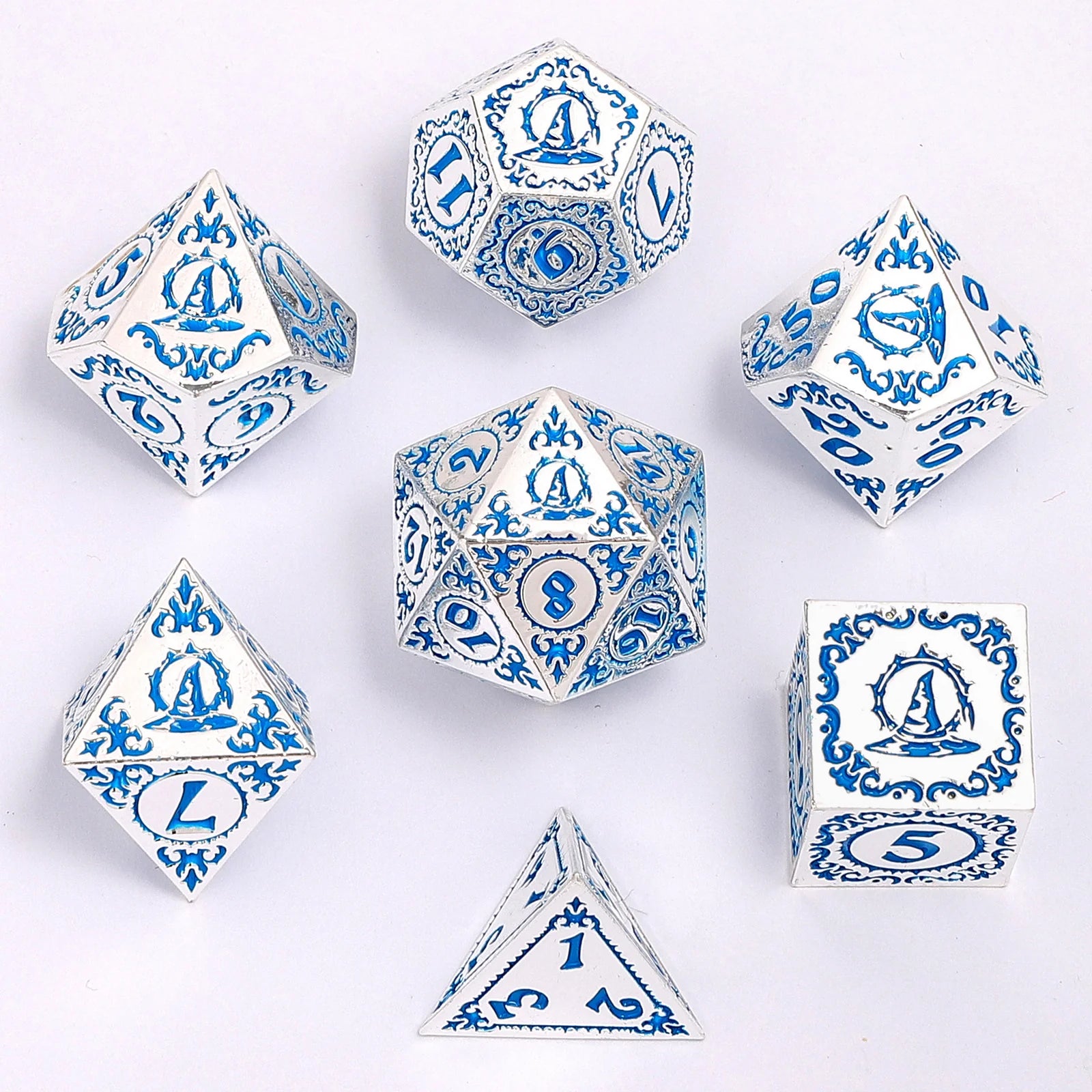 HYMGHO - Solid Metal Wizard Polyhedral Dice Set - Silver with Blue | Odin's Place