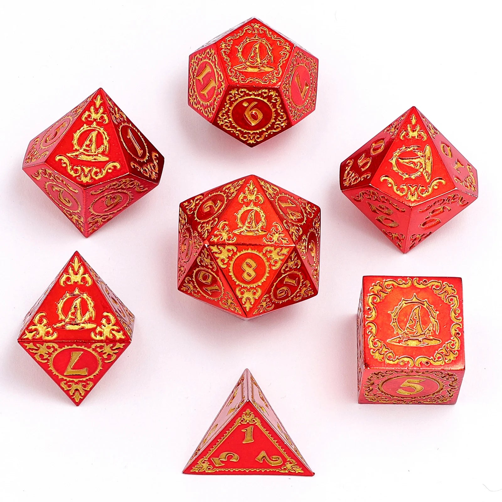 HYMGHO - Solid Metal Wizard Polyhedral Dice Set - Red with Gold | Odin's Place