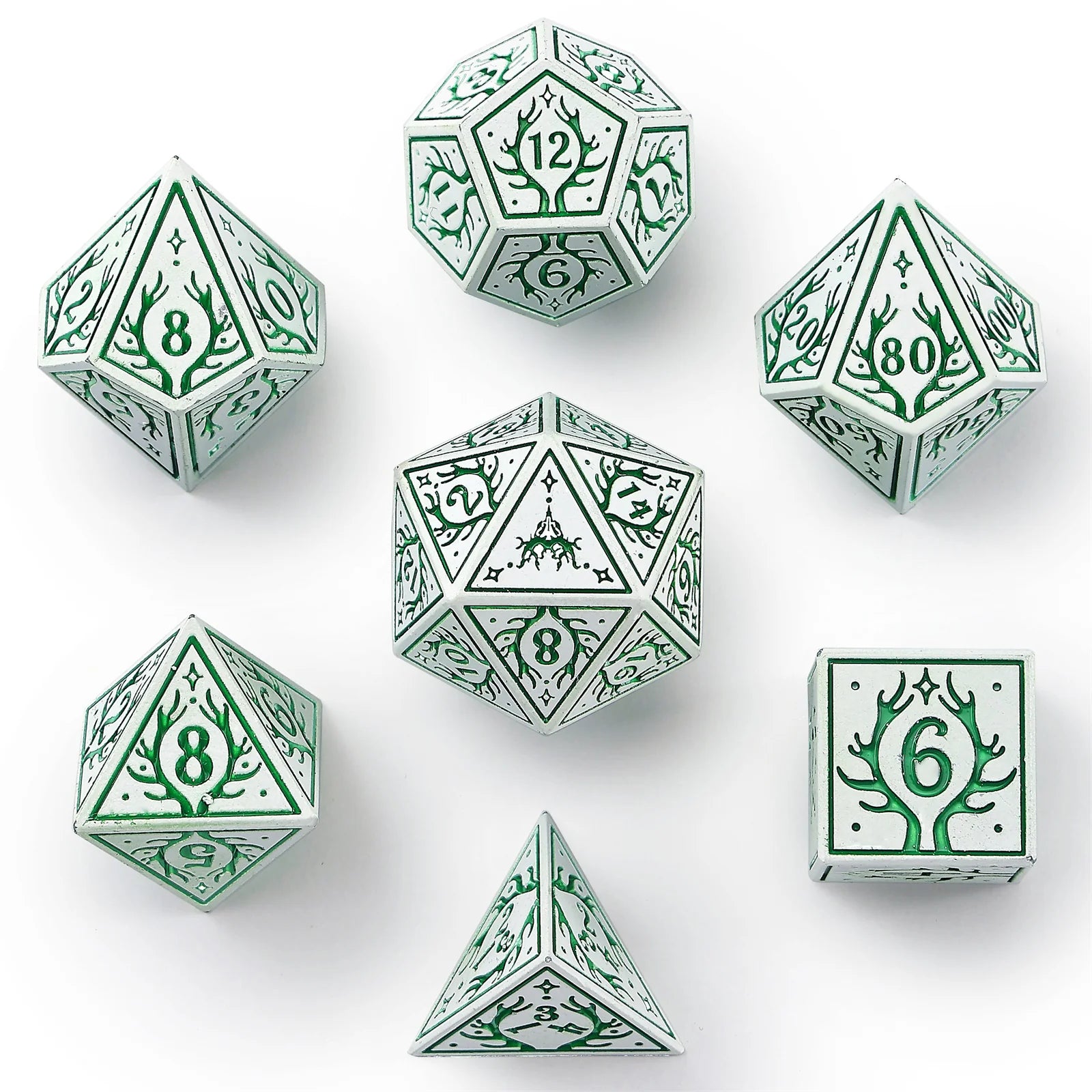 HYMGHO - Solid Metal Druid RPG Dice Set - White w/Green | Odin's Place