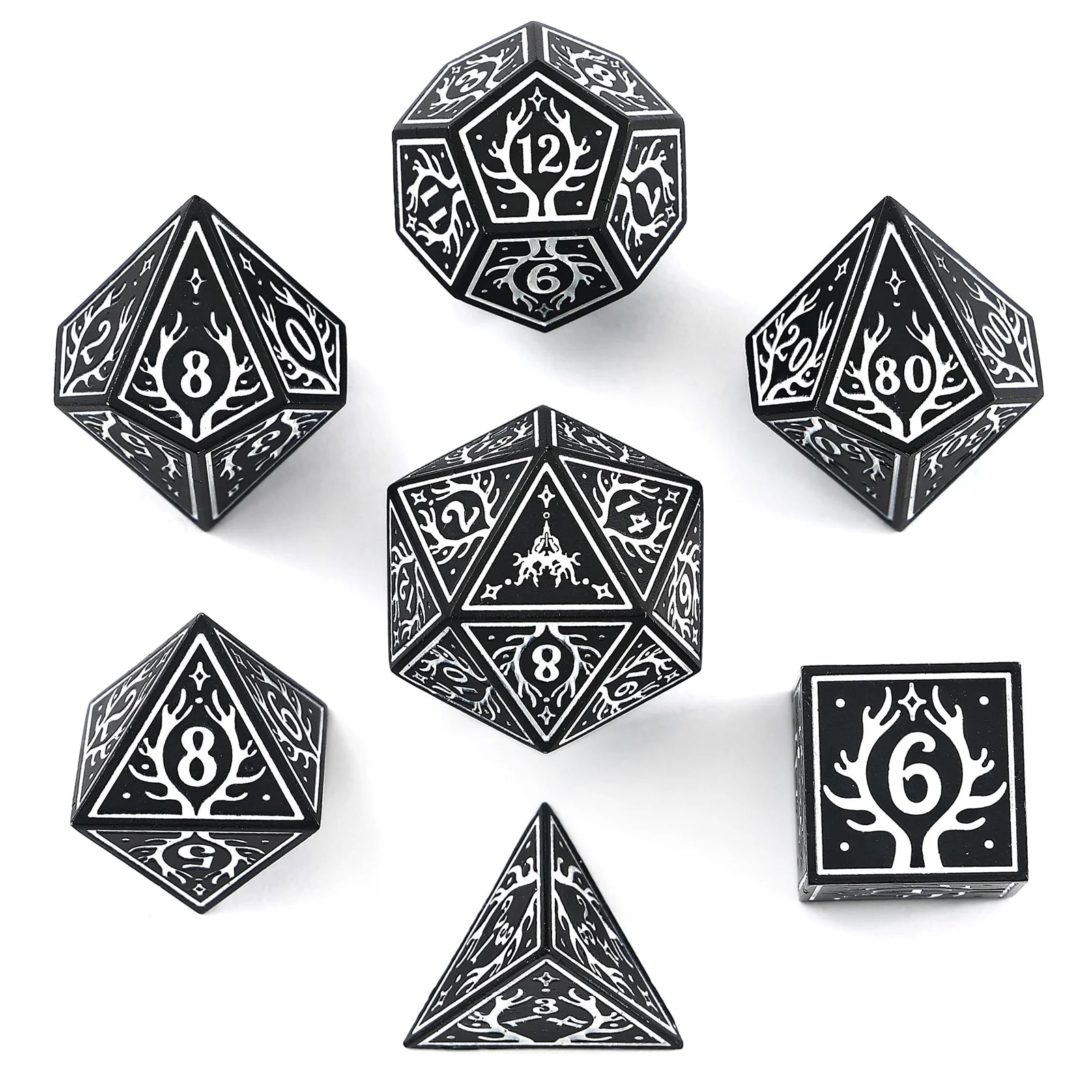 HYMGHO - Solid Metal Druid RPG Dice Set - Black w/White | Odin's Place