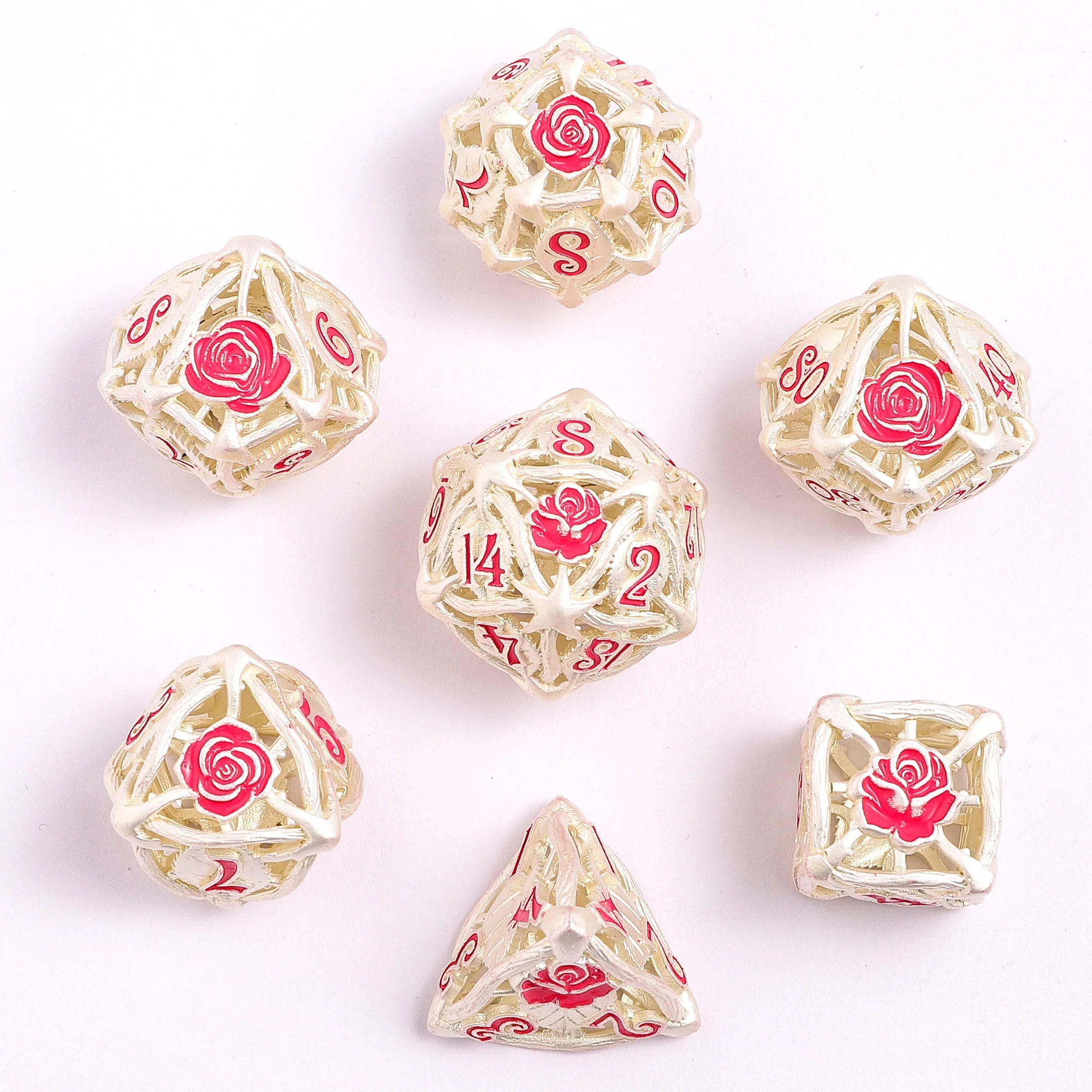 HYMGHO - Hollow Metal Rose Dice Set - Matt Silver w/Pink | Odin's Place