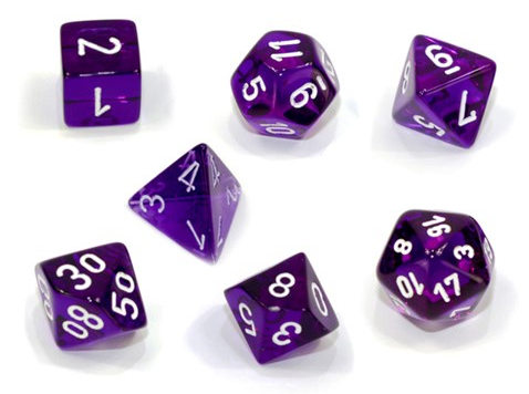 Chessex Mini Poly 7 Dice Set: Translucent Purple/White | Odin's Place