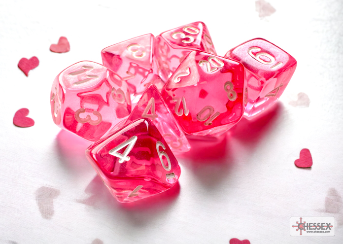 Chessex Mini Poly 7 Dice Set: Translucent Pink/White | Odin's Place