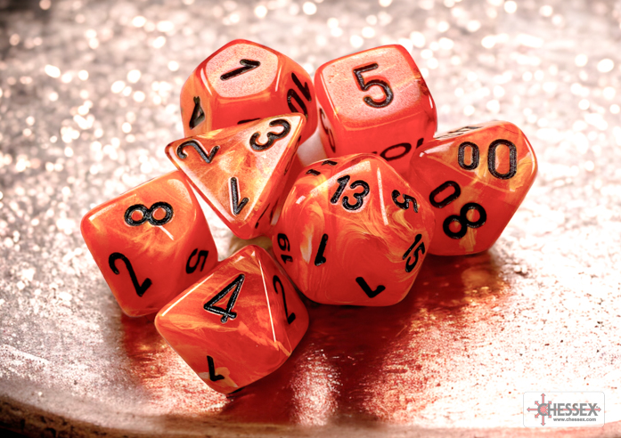 Chessex Mini Poly 7 Dice Set: Vortex Orange/Black | Odin's Place