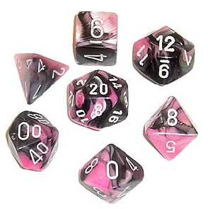 Chessex Mini Poly 7 Dice Set: Gemini Black Pink/White | Odin's Place