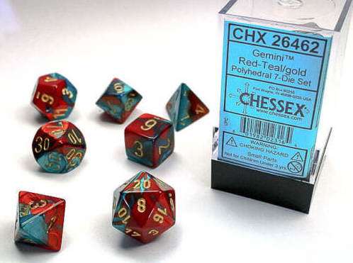Chessex Mini Poly 7 Dice Set: Gemini Red Teal/Gold | Odin's Place
