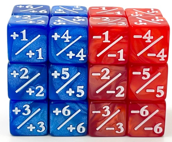 D6 Dice Counters +1/-1 Red, Gold, Green and Blue Set of 8 | Odin's Place