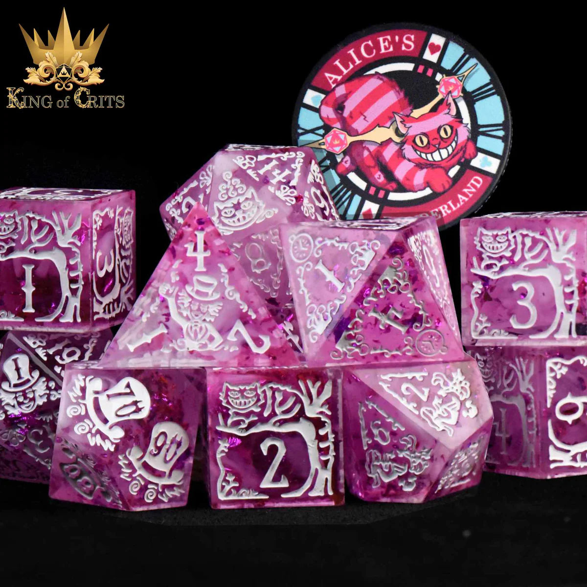 DND Dice 11 Dice Set: Alice's Wonderland (Pink) with Gift Box (Sharp Edge) | Odin's Place