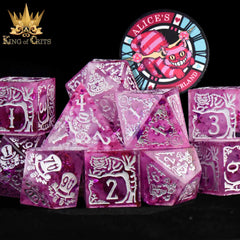 DND Dice 11 Dice Set: Alice's Wonderland (Pink) with Gift Box (Sharp Edge) | Odin's Place
