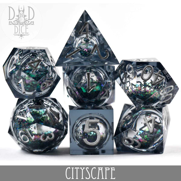 DND Dice Poly 7 Dice Set: Cityscape (Liquid Core) | Odin's Place