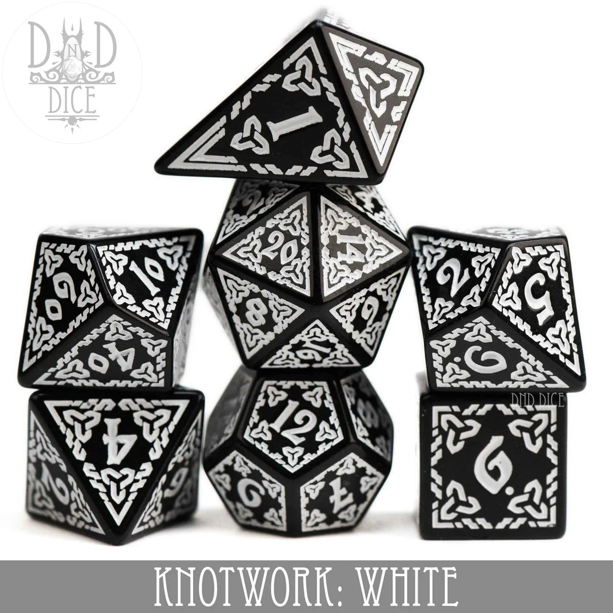 DND Dice 7 Dice Set: Knotwork White | Odin's Place