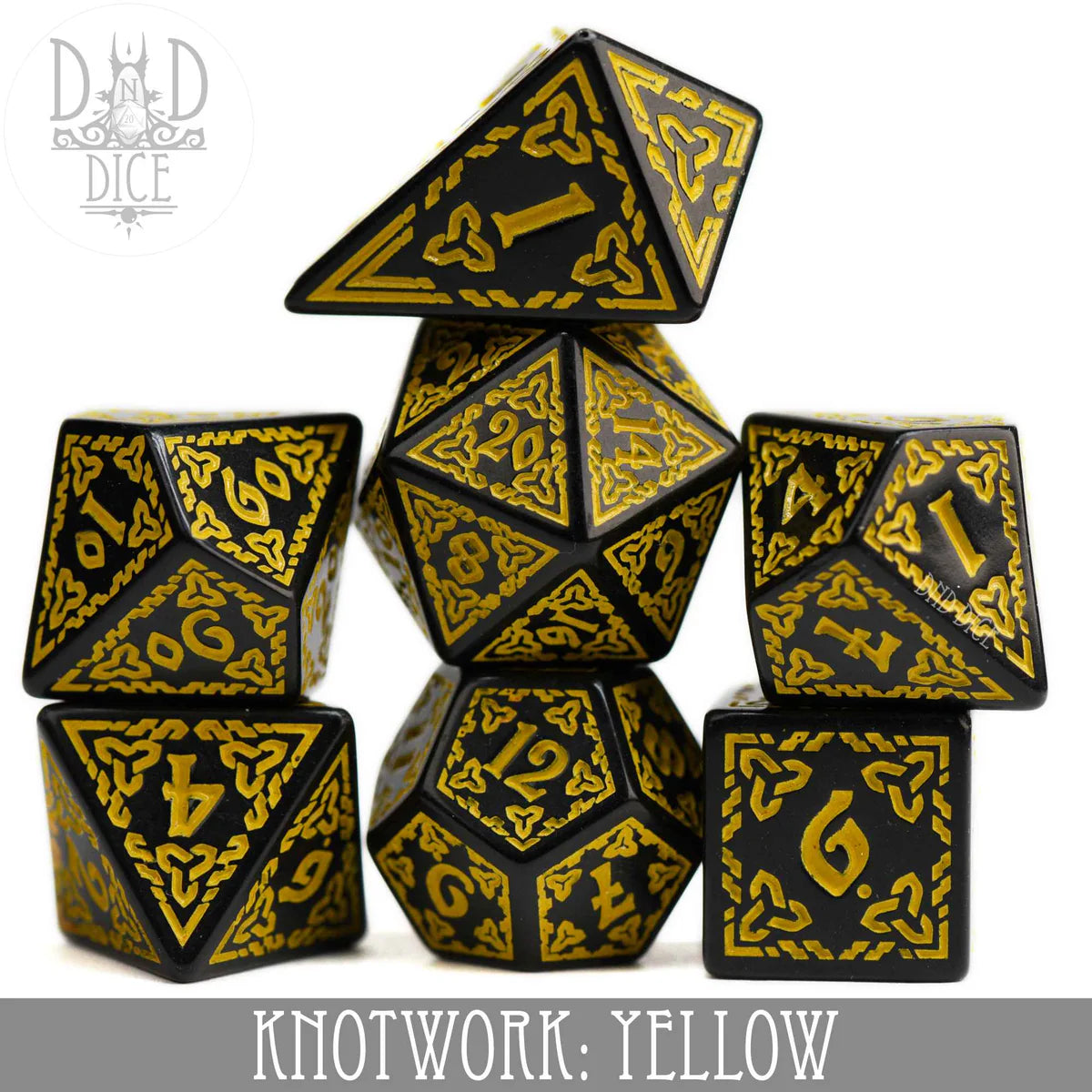 DND Dice 7 Dice Set: Knotwork Yellow | Odin's Place